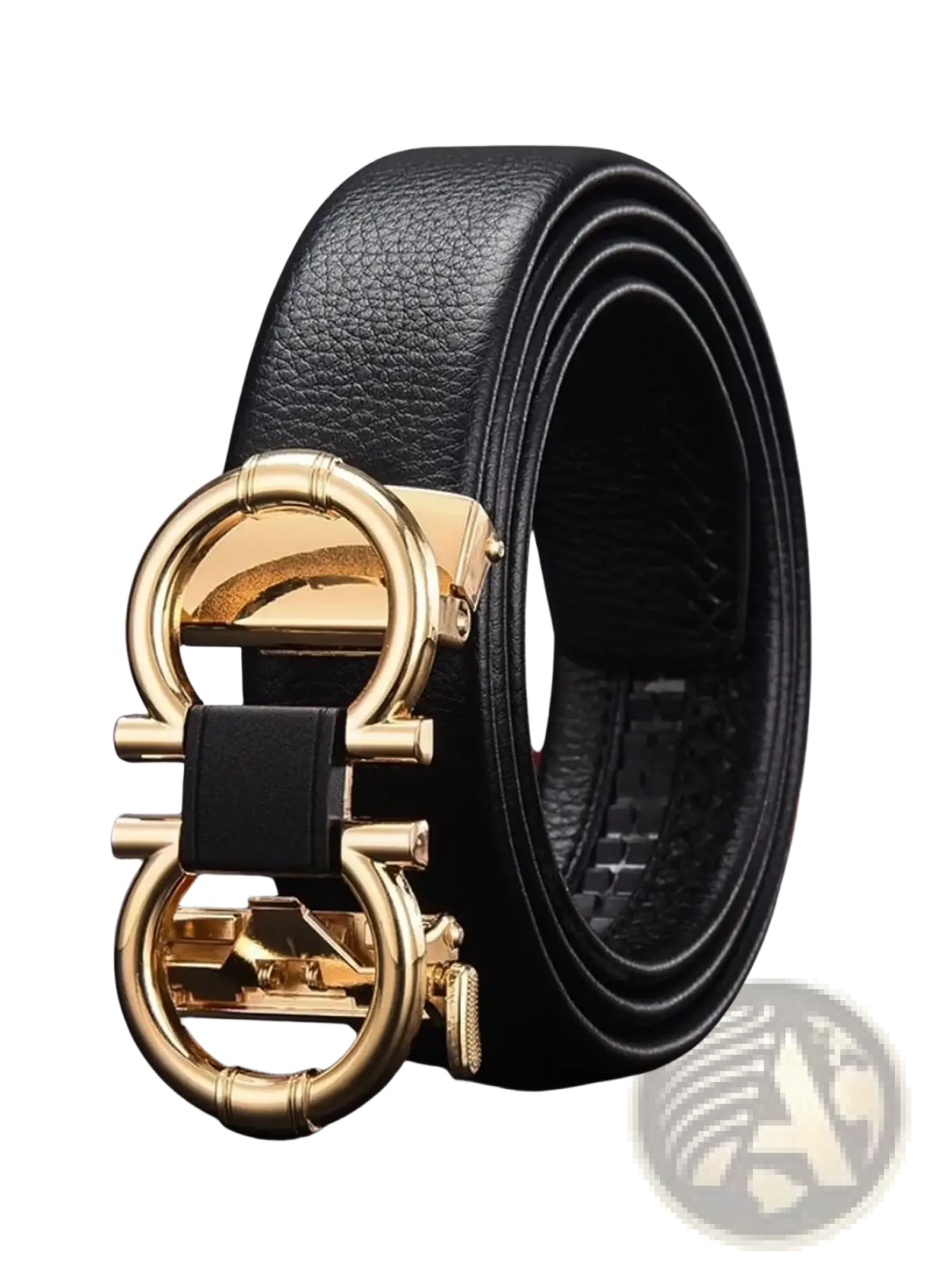 Men’s black leather belt with gold double g buckle and black strap accent for formal and casual wear
