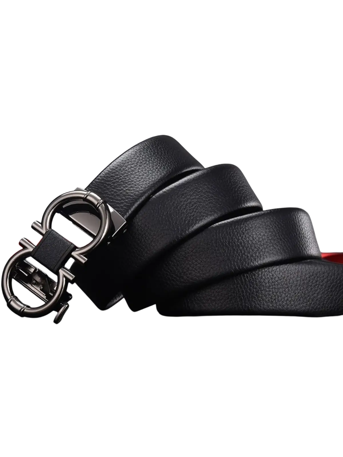 Men’s black leather belt with silver-toned double-loop buckle featuring an interlocking design