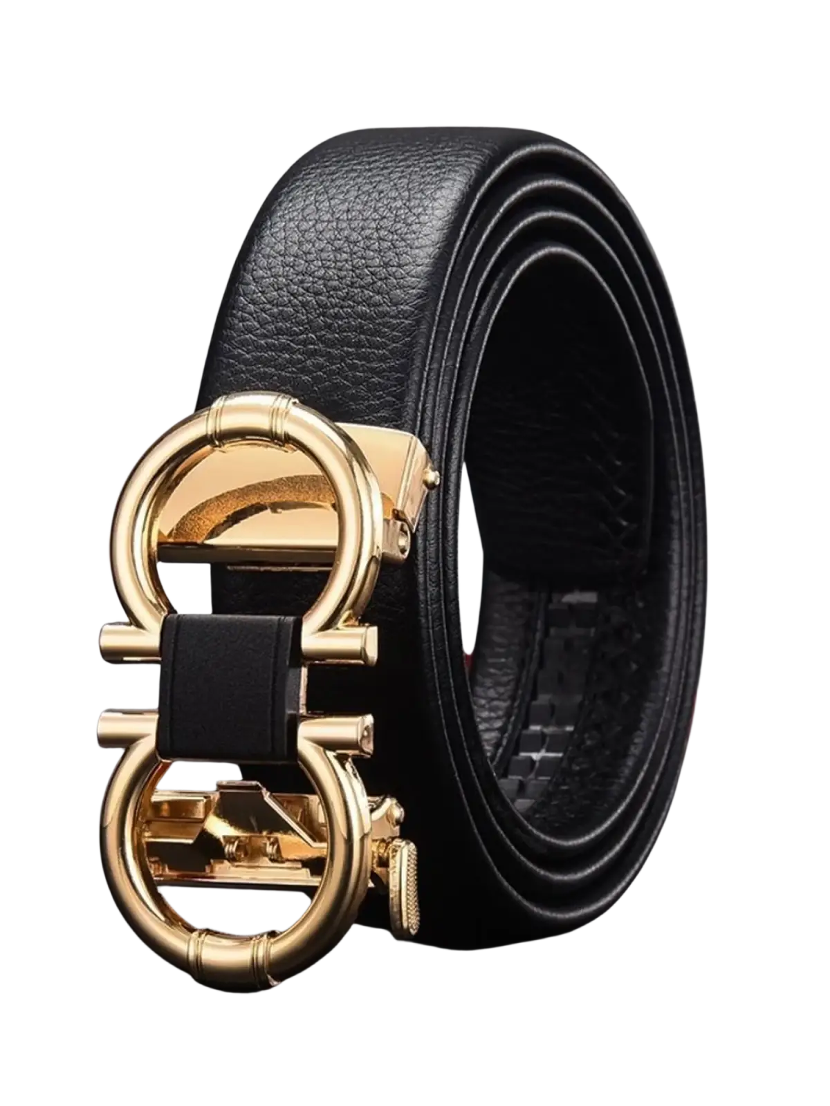 Men’s black leather belt with gold double g buckle and black strap accent for formal and casual wear