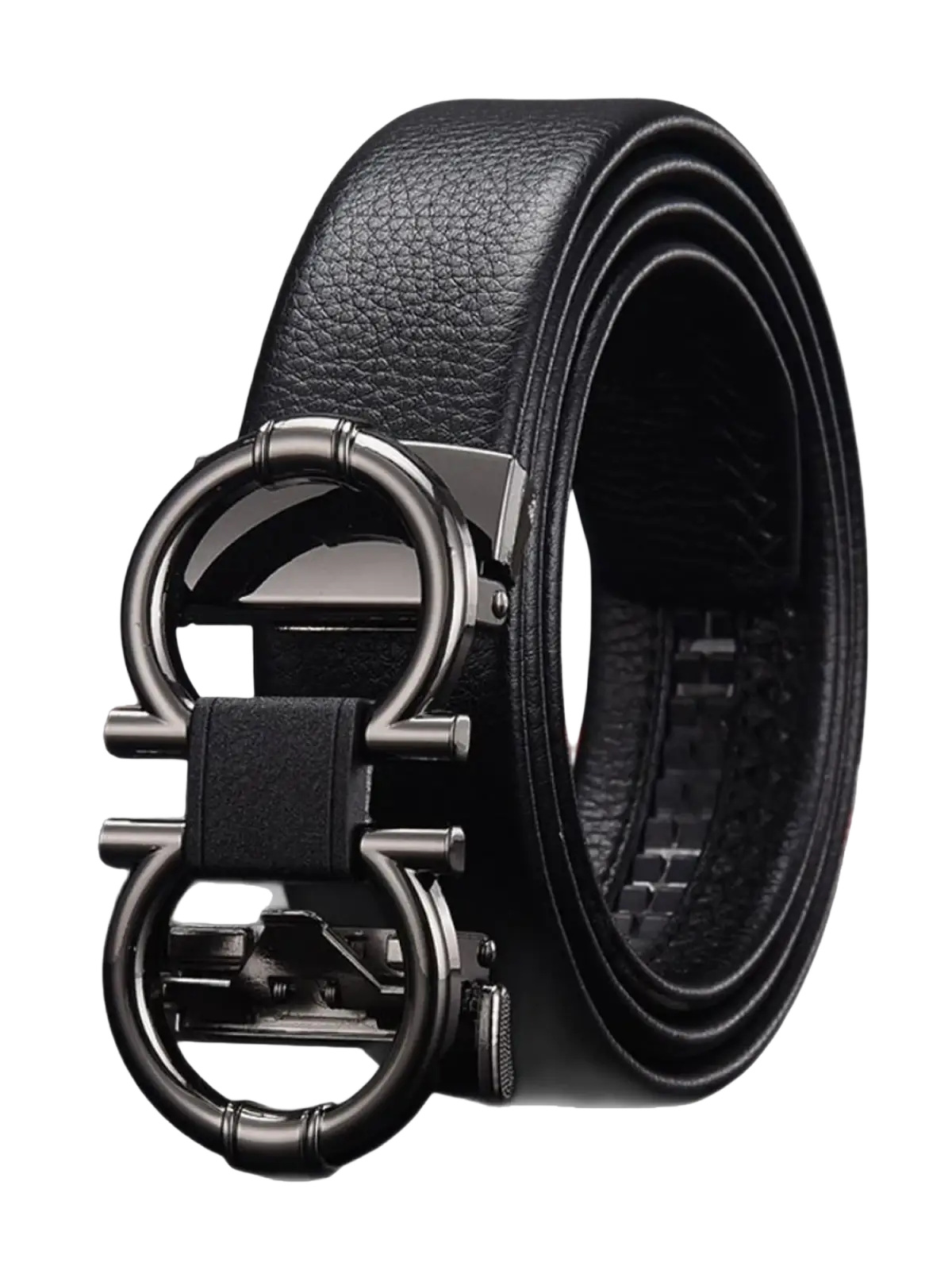 Men’s black leather belt with a sleek modern metal double g buckle featuring two interlocking rings and matte finish