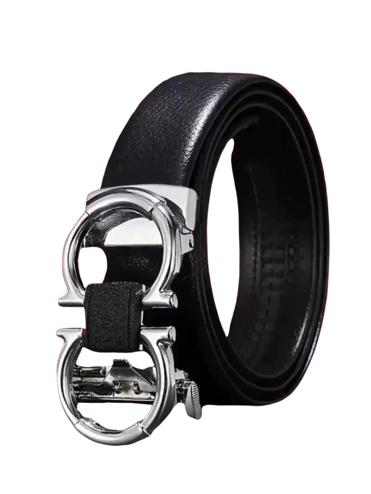 Men’s black leather belt with a sleek silver-toned metal buckle featuring an iconic double g design