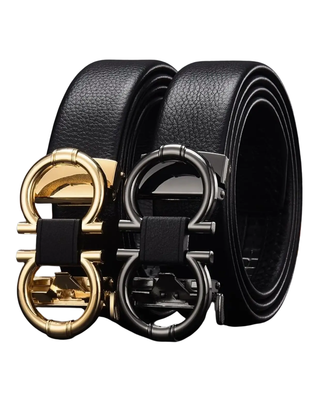Men’s black leather belts with gold and silver-toned automatic double g buckles shown from the front side