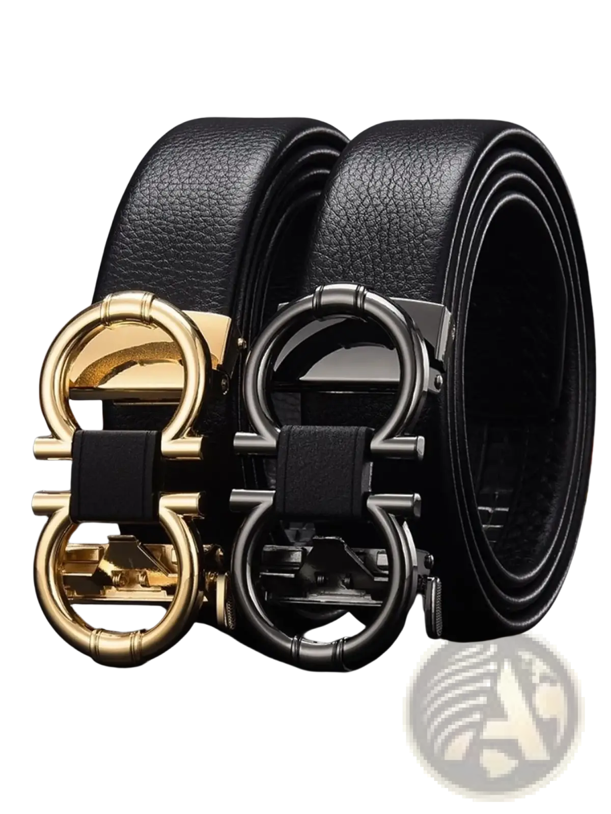Men’s black leather belts with gold and silver-toned automatic double g buckles shown from the front side