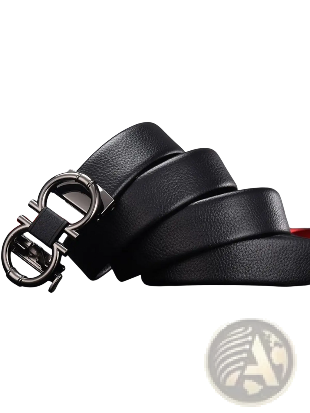 Men’s black leather belt with silver-toned double-loop buckle featuring an interlocking design