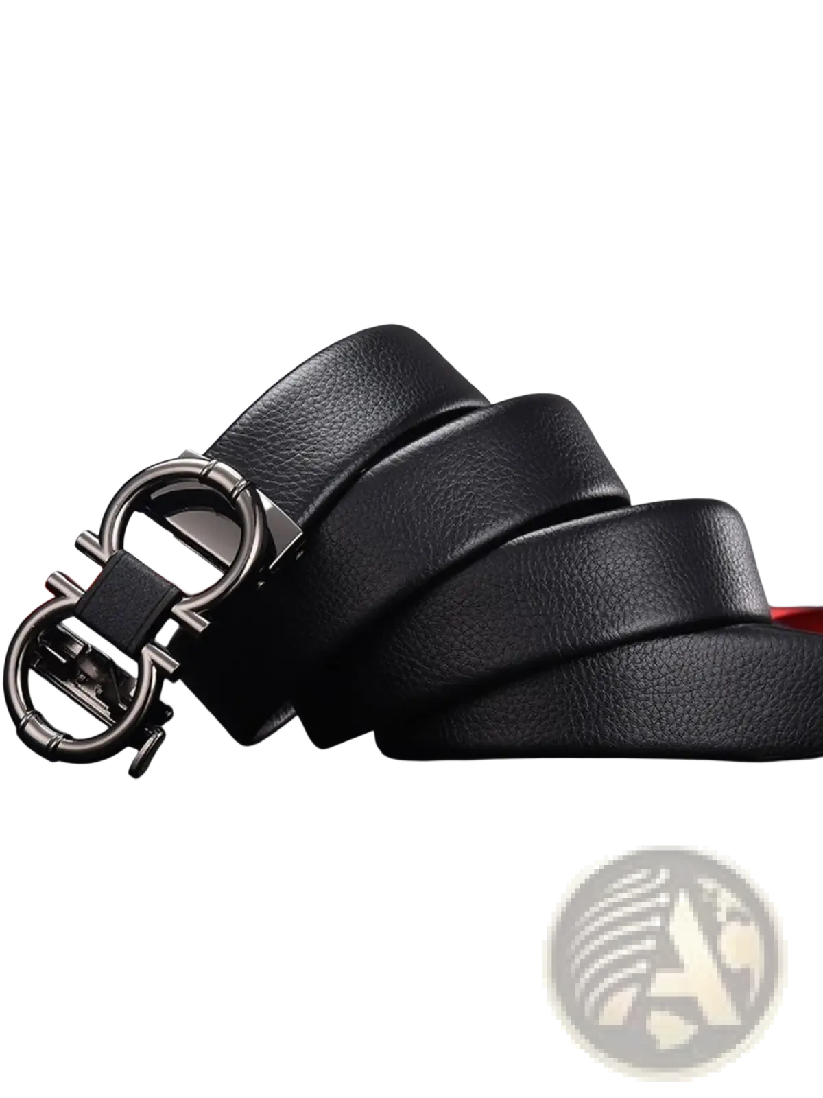 Men’s black leather belt with silver-toned double-loop buckle featuring an interlocking design