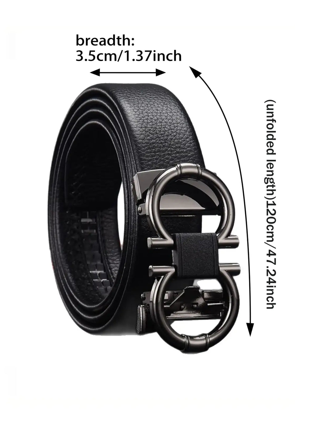 Men’s black leather belt with sleek gold double G buckle featuring an interlocking ring design