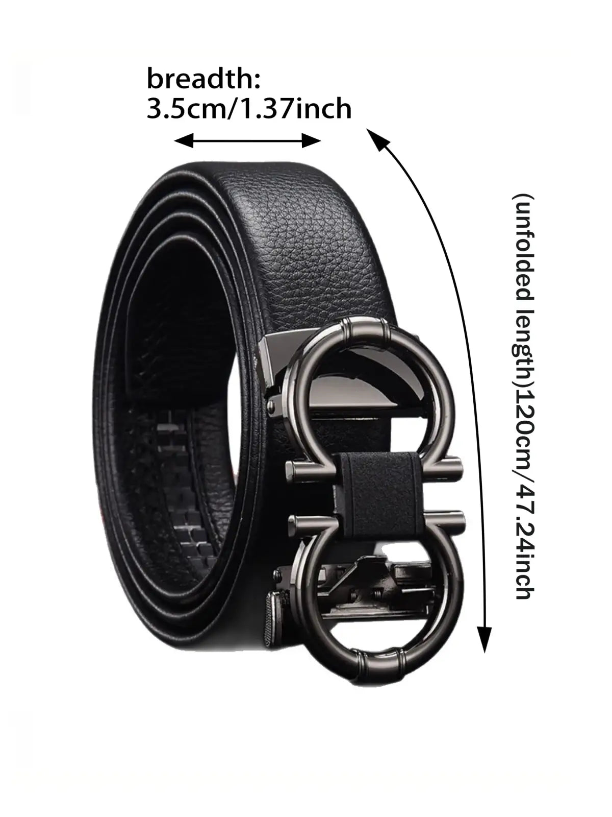 Men’s black leather belt with sleek gold double G buckle featuring an interlocking ring design
