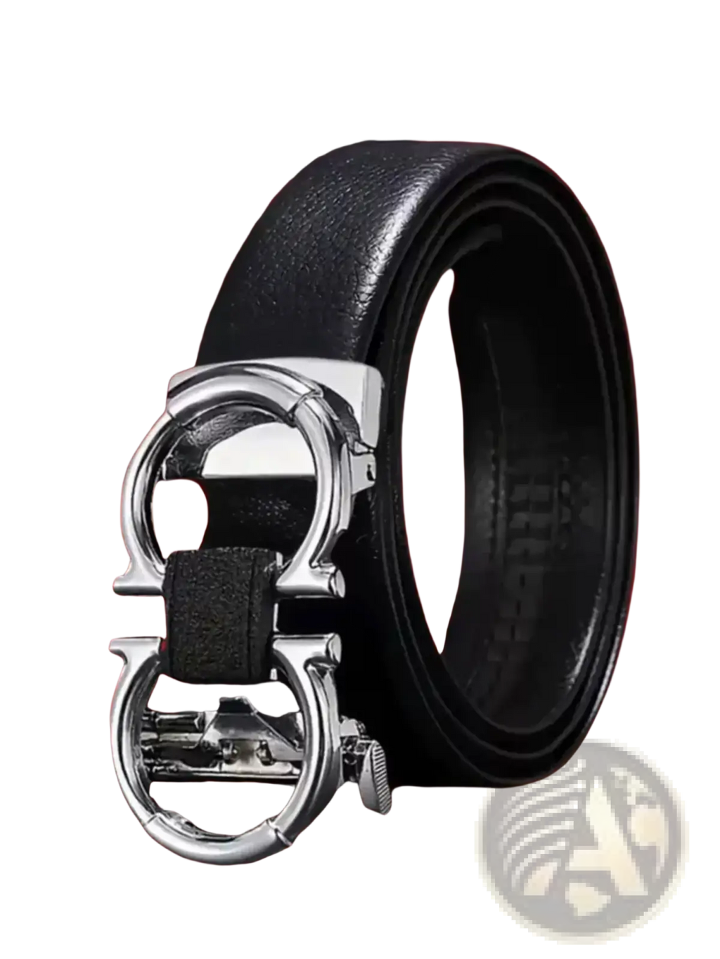 Men’s black leather belt with a sleek silver-toned metal buckle featuring an iconic double g design
