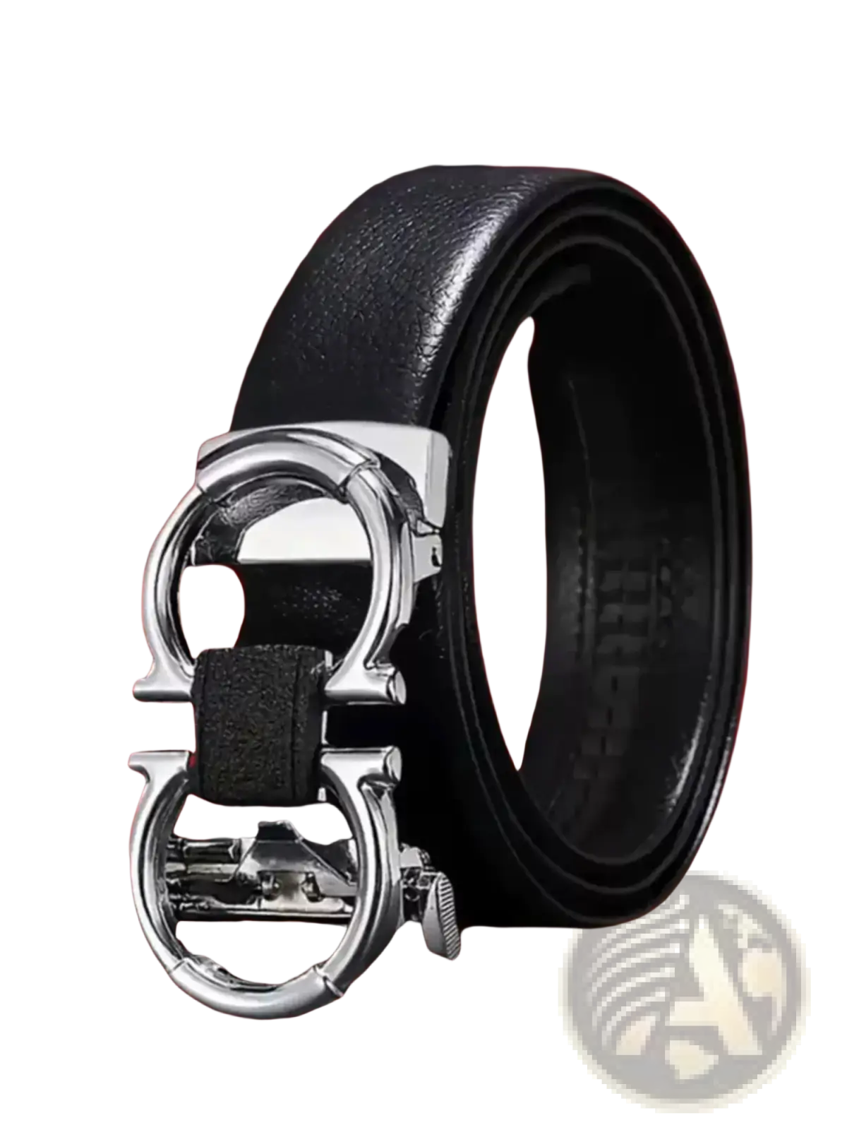 Men’s black leather belt with a sleek silver-toned metal buckle featuring an iconic double g design