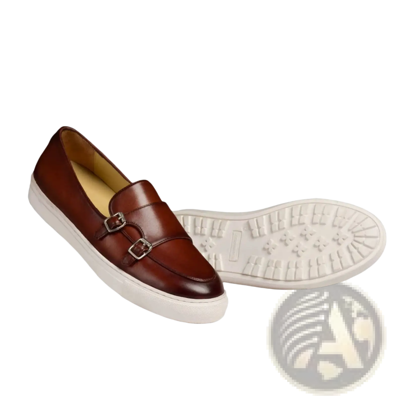 Men’s brown leather double monk strap loafers with silver-toned buckles and white rubber sole for formal wear