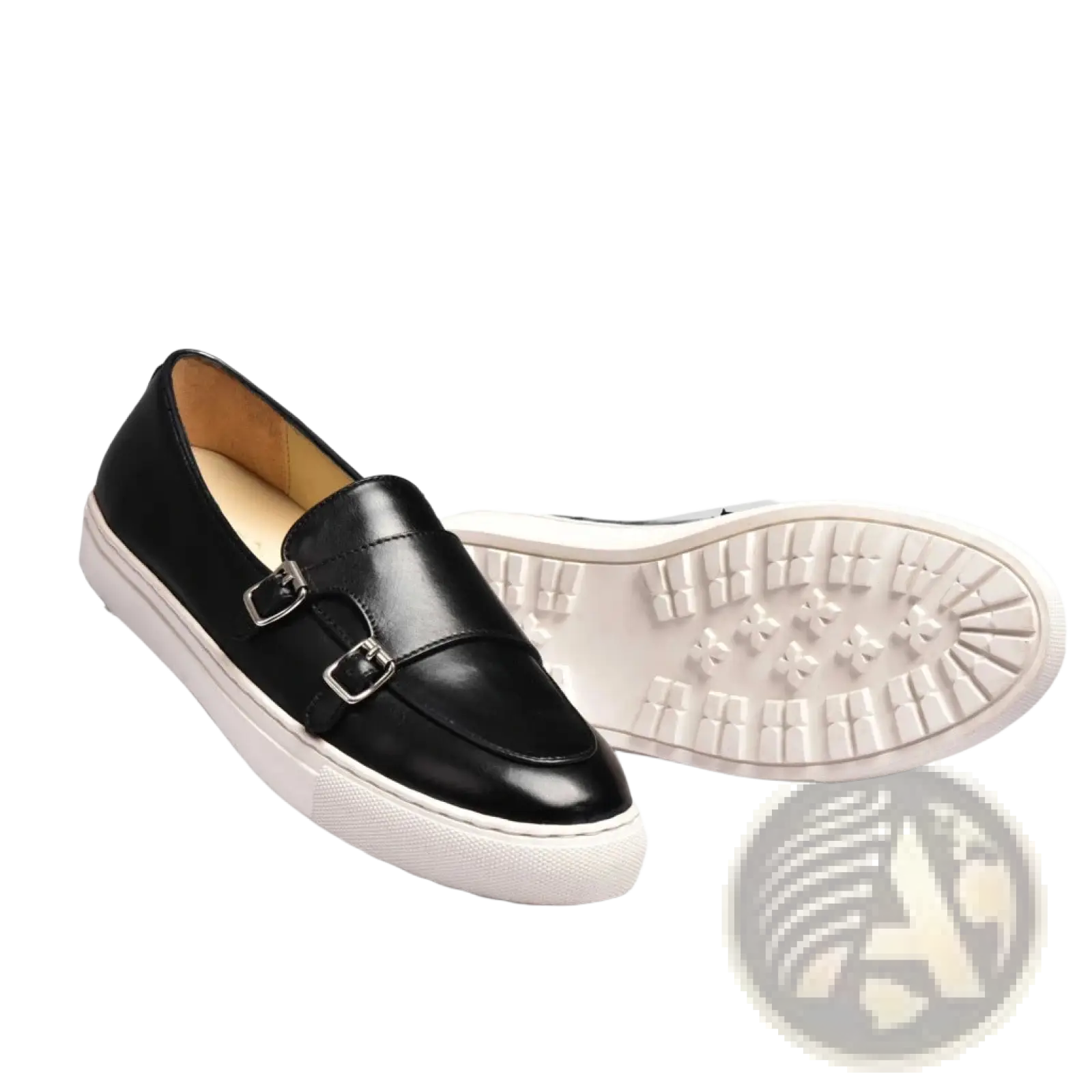 Men’s black leather slip-on loafers with silver buckle detailing and white rubber sole for formal wear