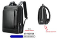 Men’s black leather laptop backpack with multiple zippered compartments and adjustable shoulder straps for business use
