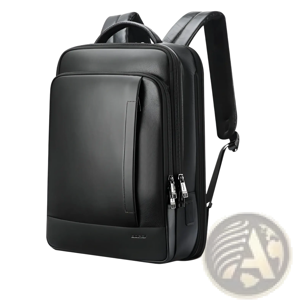 Men’s black leather laptop backpack business bag with multiple zippered compartments and adjustable straps