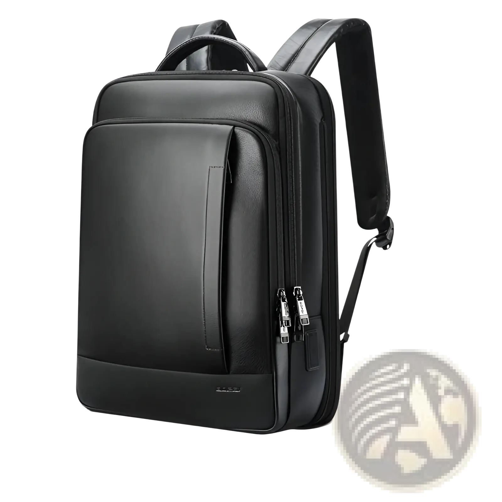 Men’s black leather laptop backpack business bag with multiple zippered compartments and adjustable straps