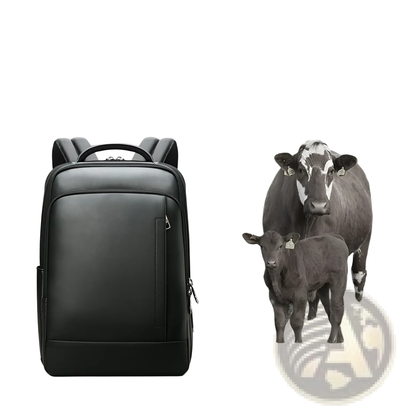 Men’s black leather laptop backpack with structured design and multiple zippers for business use