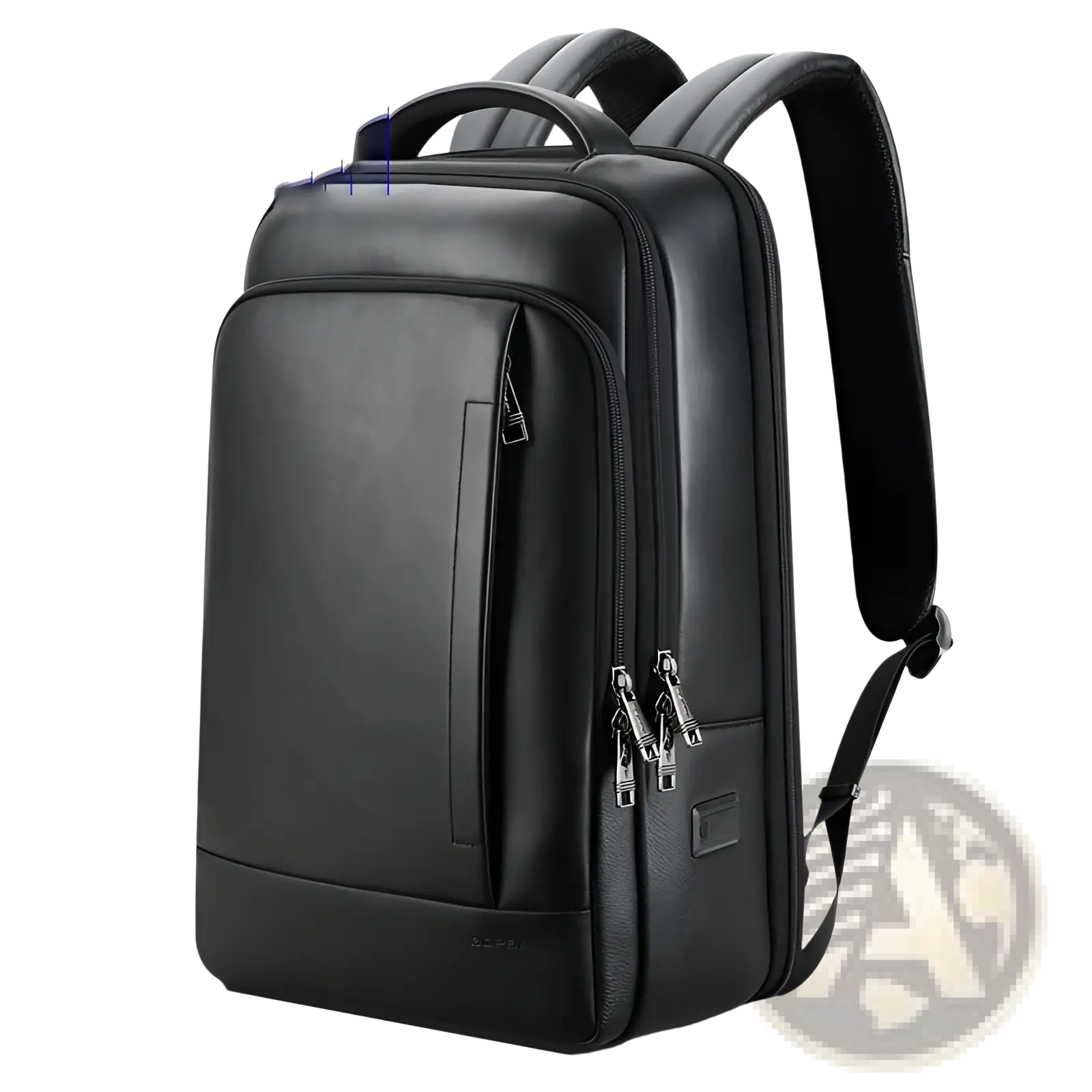 Men’s black leather laptop backpack with multiple zippered compartments and adjustable shoulder straps for business use
