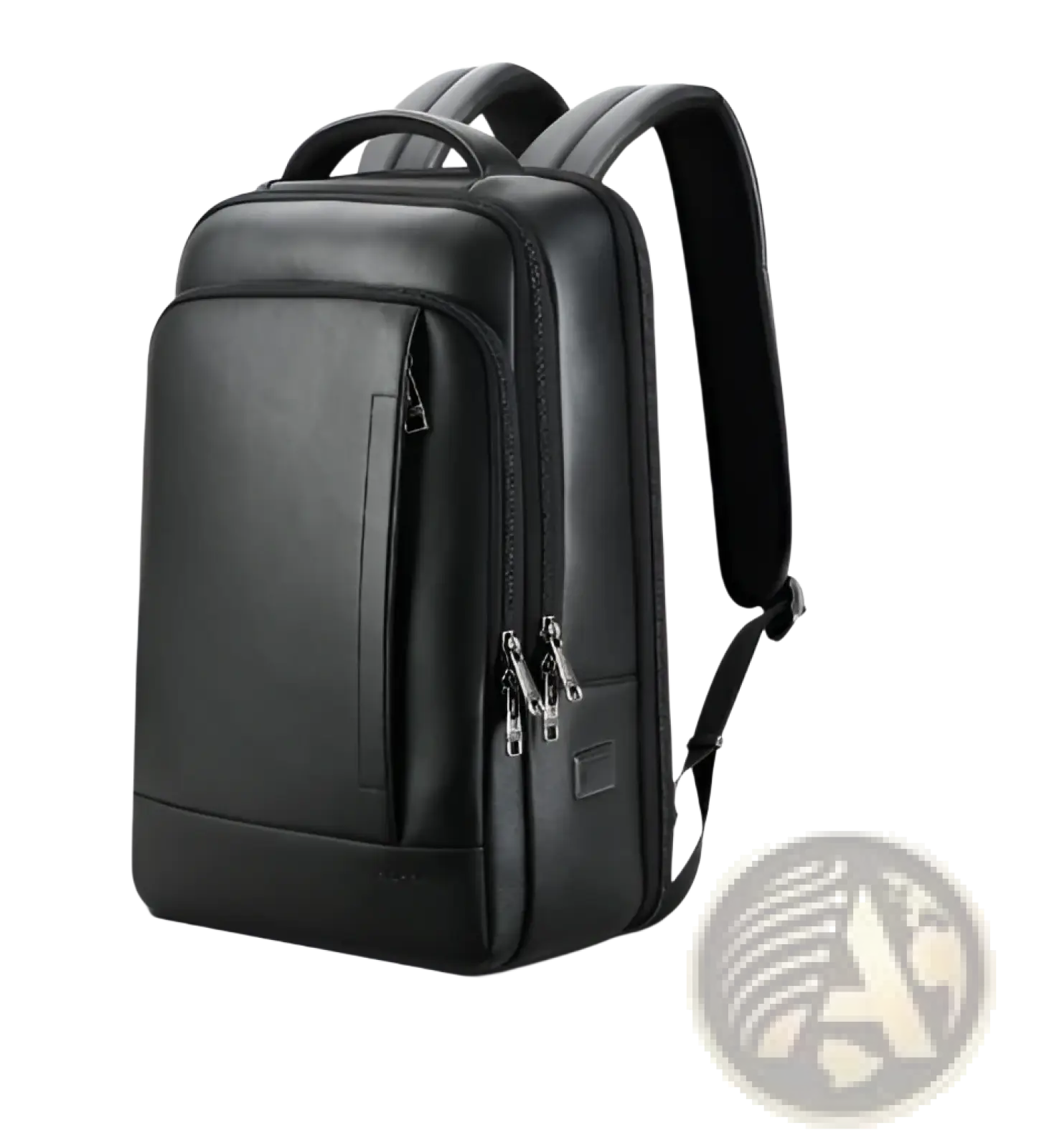 Men’s black leather laptop backpack business bag with multiple zippered compartments and adjustable shoulder straps