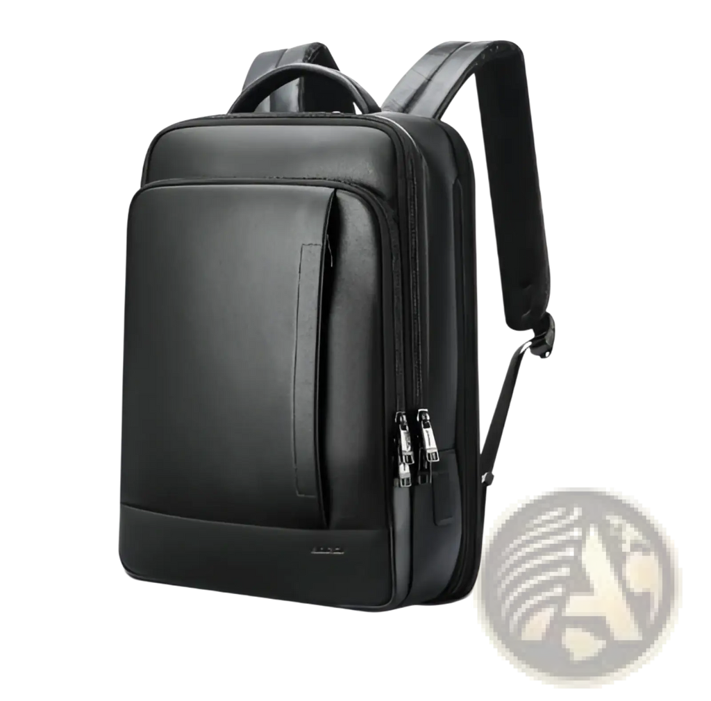 Men’s black leather laptop backpack business bag with multiple zippered compartments and adjustable shoulder straps