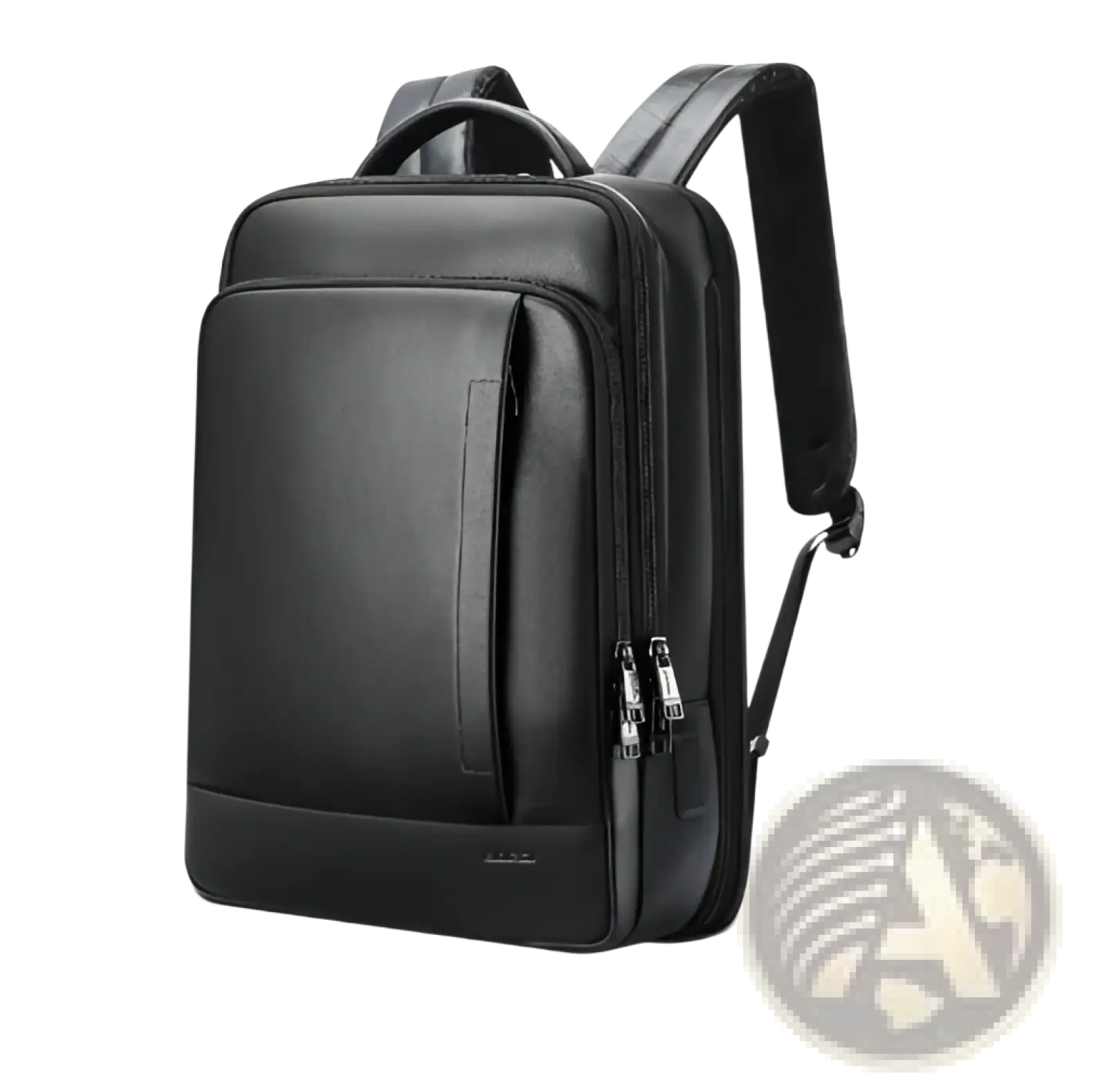 Men’s black leather laptop backpack business bag with multiple zippered compartments and adjustable shoulder straps