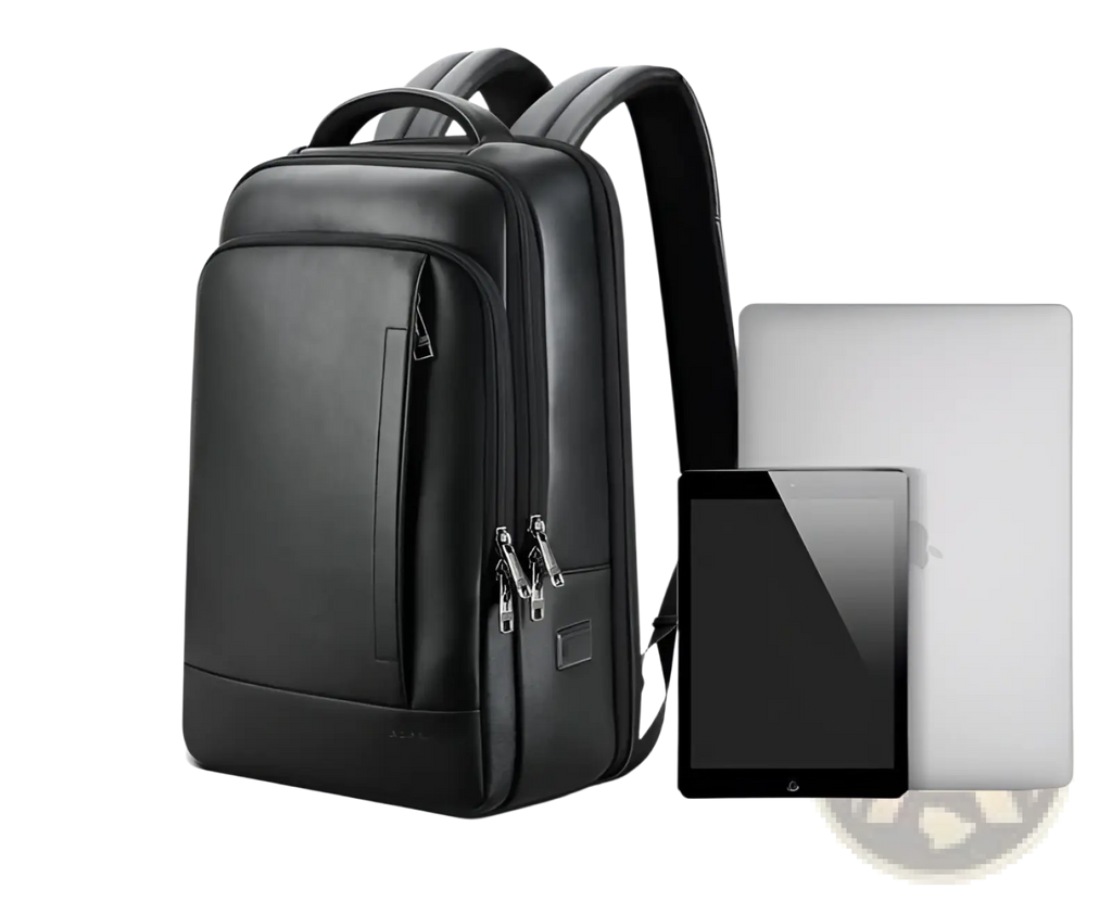 Men’s black leather laptop backpack business bag with multiple zippered compartments and adjustable shoulder straps