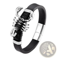 Men’s black leather scorpion bracelet with silver-toned metal accents and a magnetic clasp for secure wear