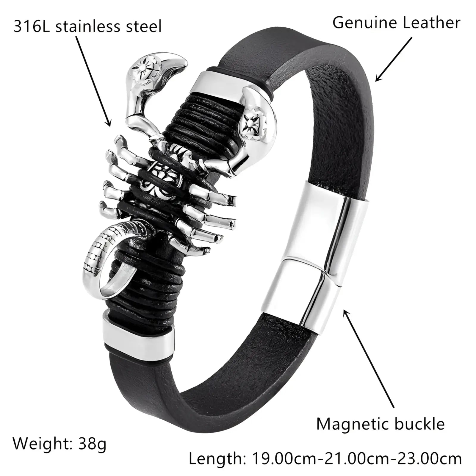 Men’s black leather scorpion bracelet with 316l stainless steel detailing and magnetic clasp closure
