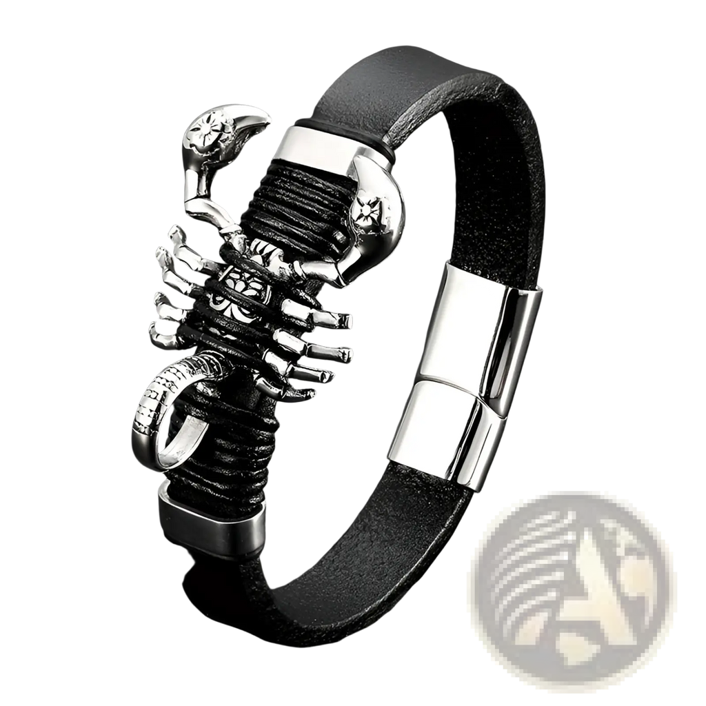 Men’s black leather scorpion bracelet with silver-toned metal detailing and magnetic clasp for secure wear