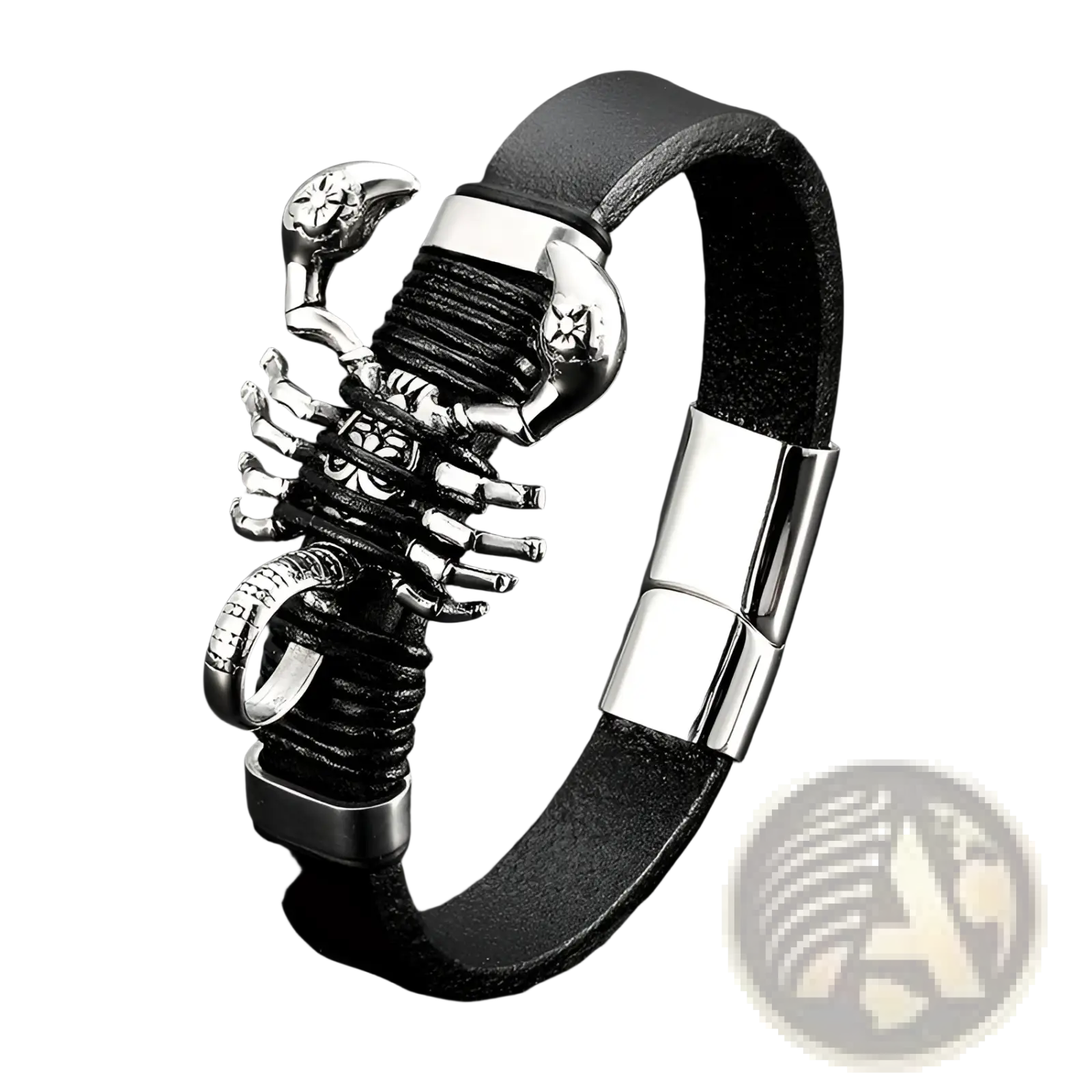 Men’s black leather scorpion bracelet with silver-toned metal detailing and magnetic clasp for secure wear