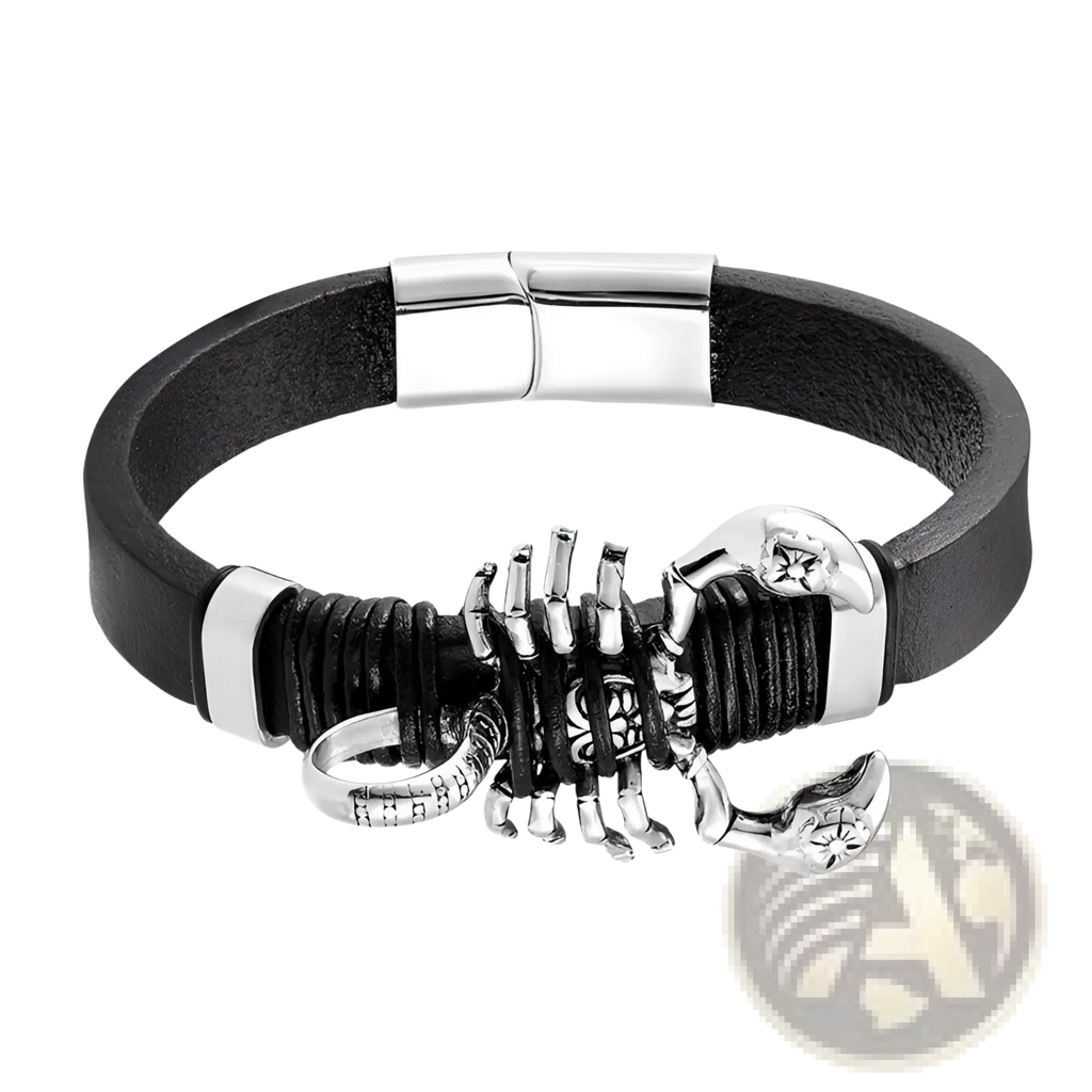 Men’s black leather bracelet featuring a silver-toned scorpion charm and magnetic clasp for secure fastening