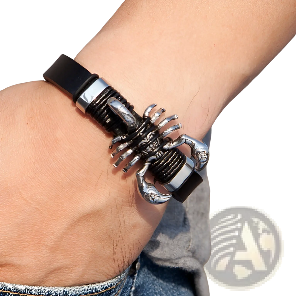 Men’s black leather scorpion bracelet with silver-toned metal claws and segmented body featuring a magnetic clasp