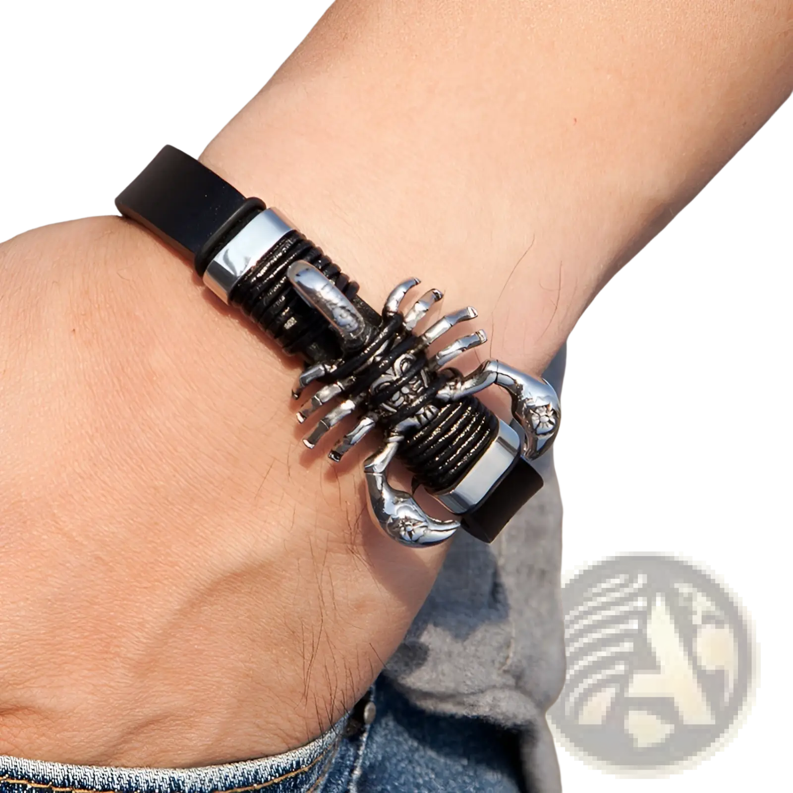 Men’s black leather scorpion bracelet with silver-toned metal claws and segmented body featuring a magnetic clasp