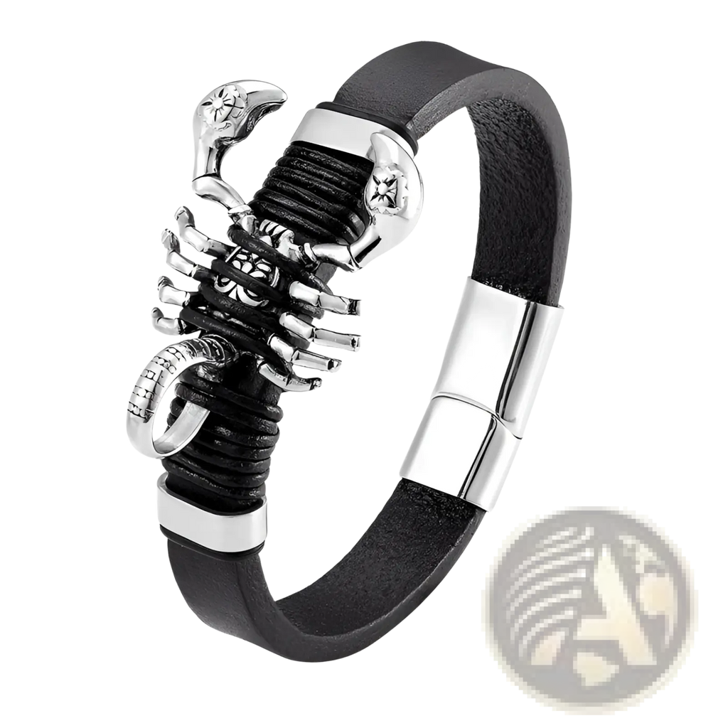Men’s black leather scorpion bracelet with silver-toned metal accents and a magnetic clasp