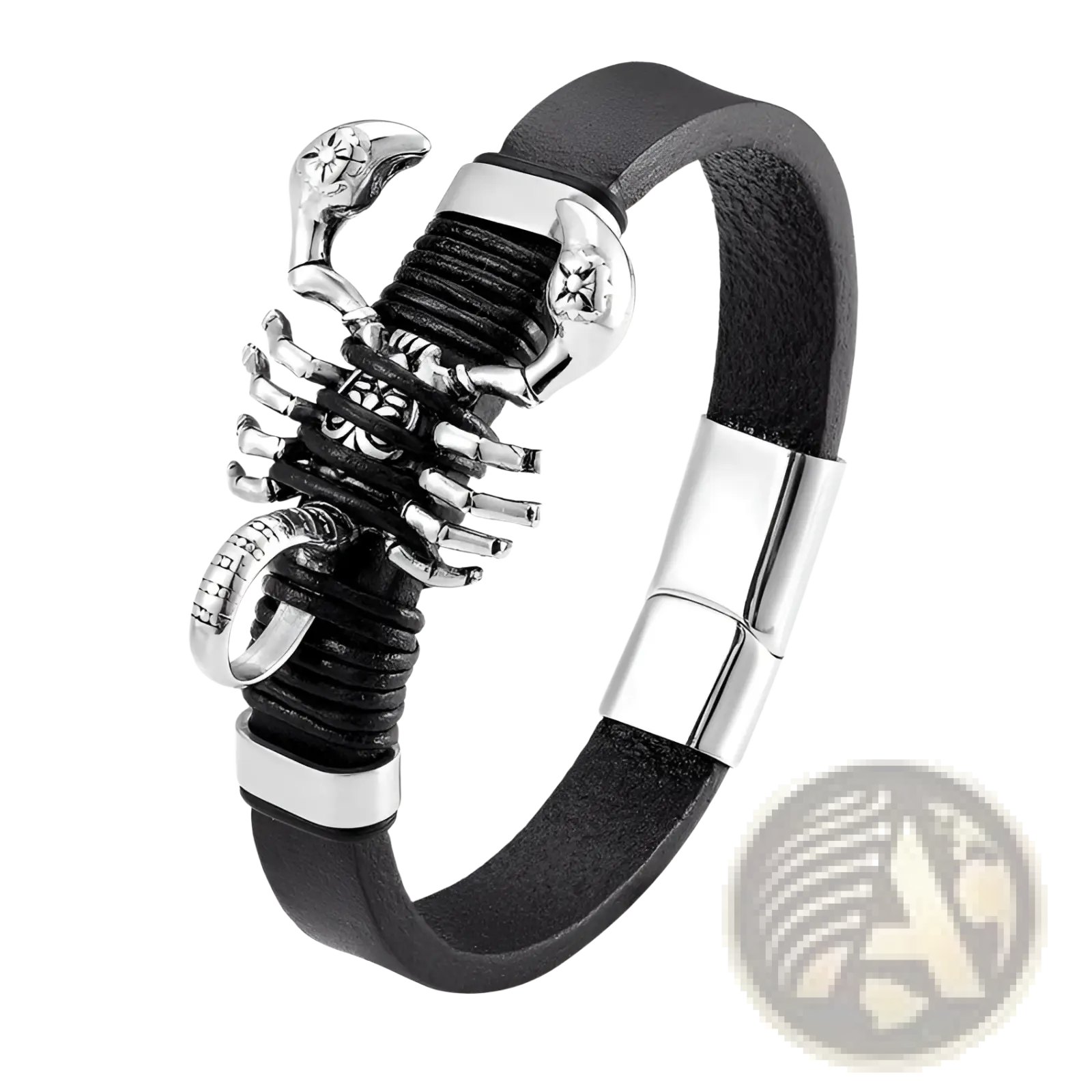 Men’s black leather scorpion bracelet featuring silver-toned metal accents and a magnetic clasp closure