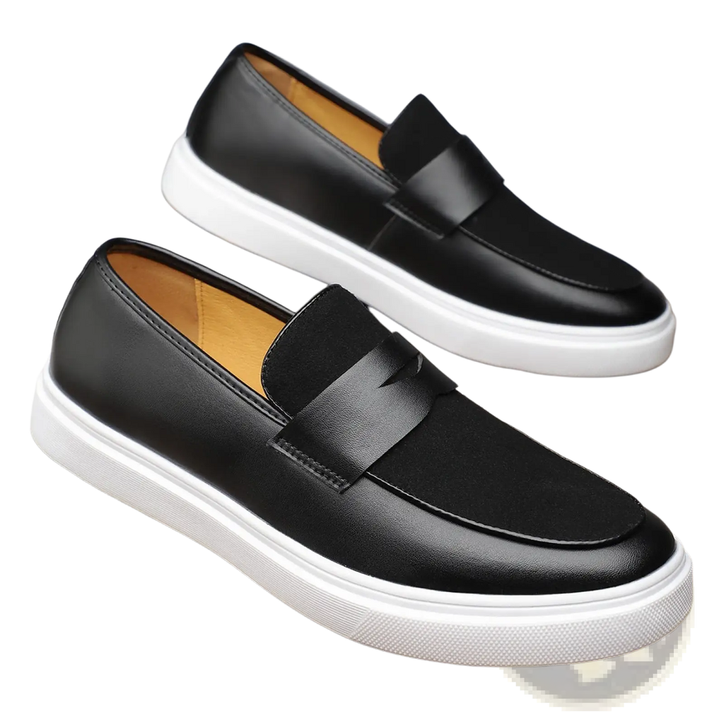 Men’s black leather slip-on loafers with white rubber sole and tan interior lining showing front and side views