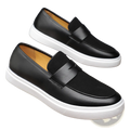 Men’s black leather slip-on loafers with white rubber sole and tan interior lining showing front and side views