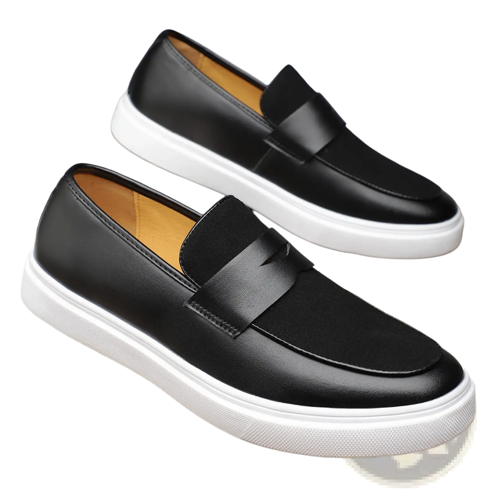 Men’s black leather slip-on loafers with white rubber sole and tan interior lining showing front and side views