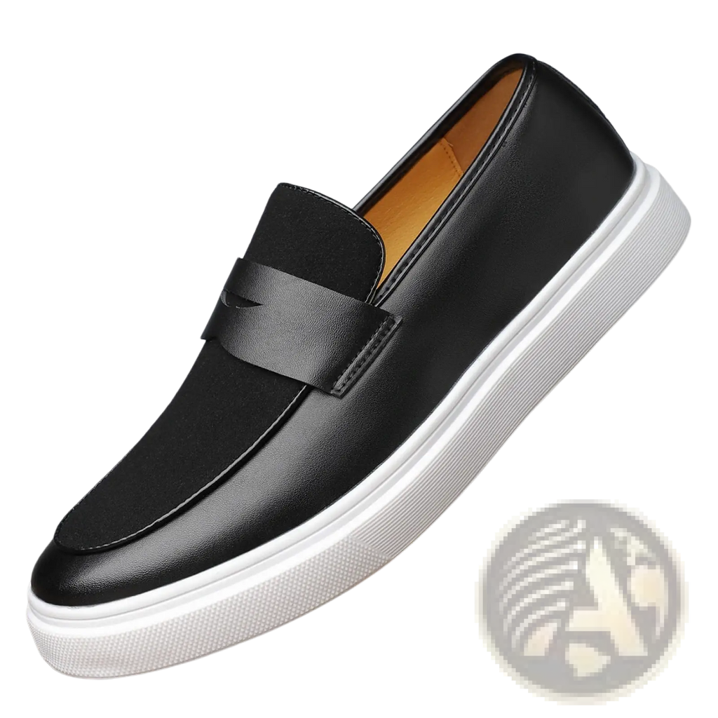 Men’s black leather slip-on loafers with white rubber sole and subtle logo on strap for casual wear