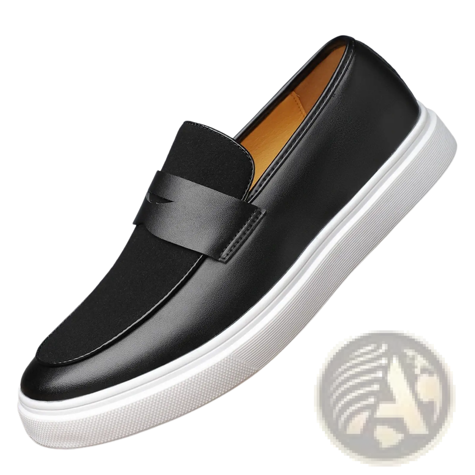 Men’s black leather slip-on loafers with white rubber sole and subtle logo on strap for casual wear
