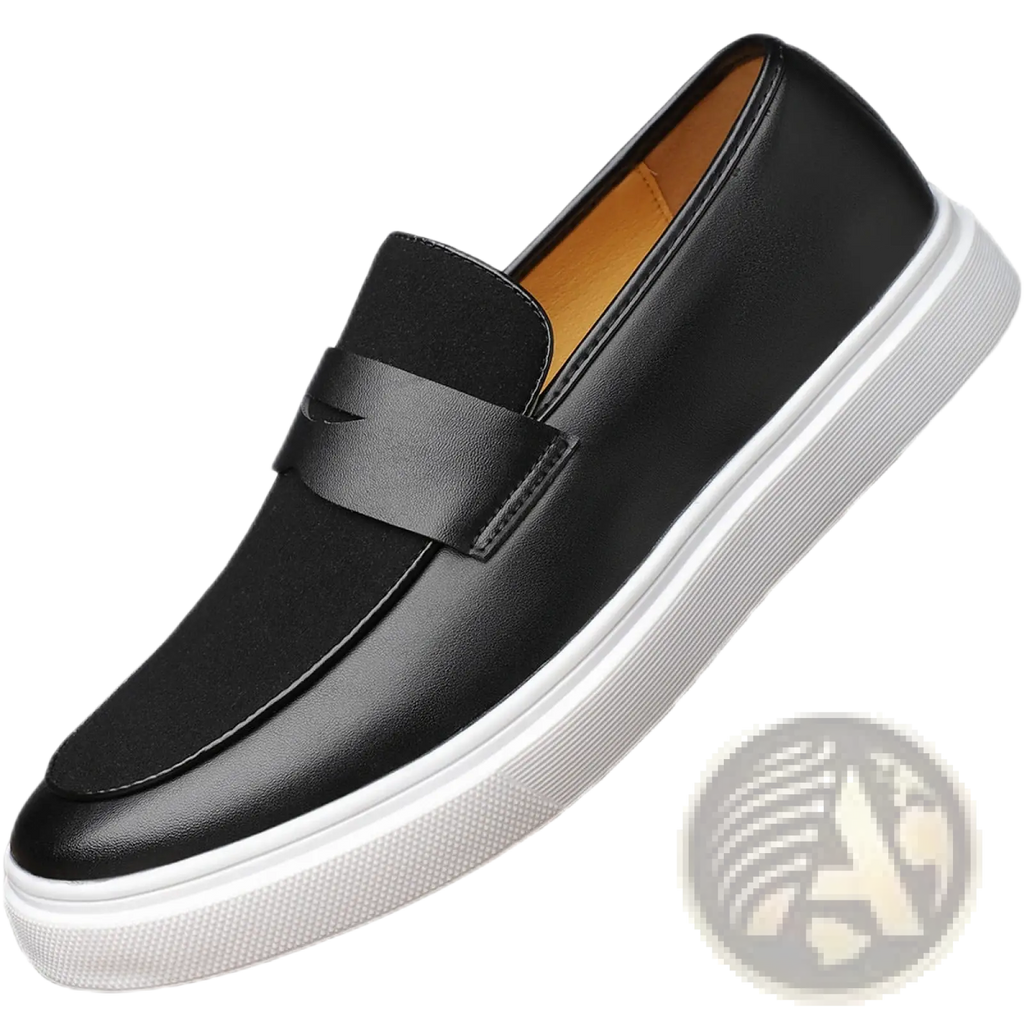 Men’s black leather slip-on loafers with white rubber sole and subtle logo on the strap