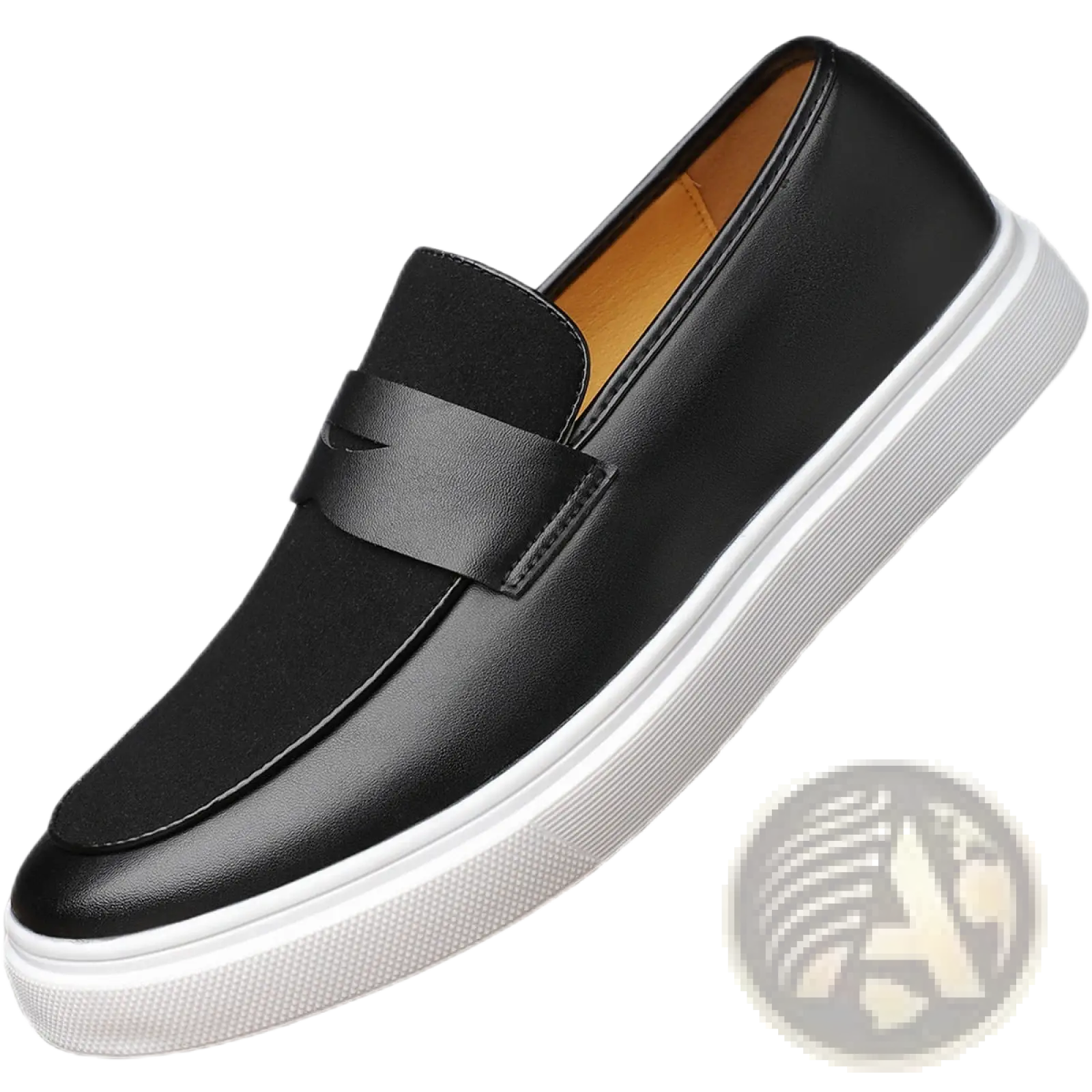 Men’s black leather slip-on loafers with white rubber sole and subtle logo on the strap