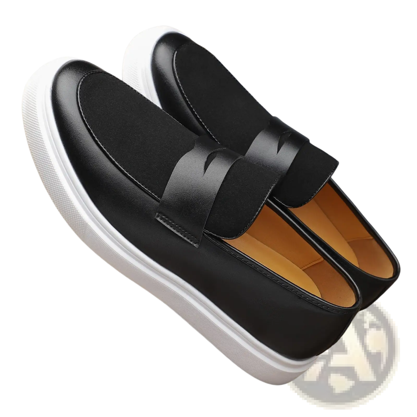 Men’s black leather slip-on loafers with white rubber sole featuring a sleek minimalist design