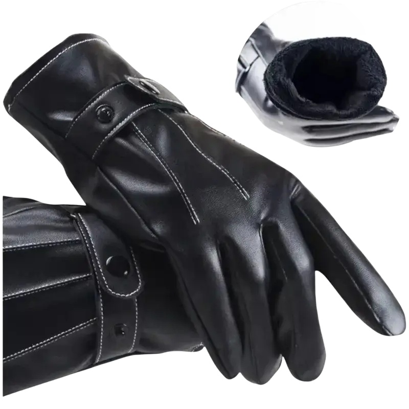 Men’s black leather winter driving gloves with white stitching buttoned wrist strap and soft black fleece lining