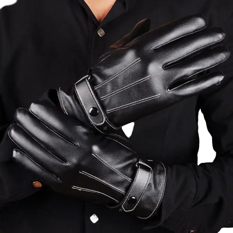 Men’s black leather winter driving gloves showing back side with white stitching and adjustable wrist straps