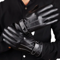 Men’s black leather winter driving gloves showing back side with white stitching and adjustable wrist straps