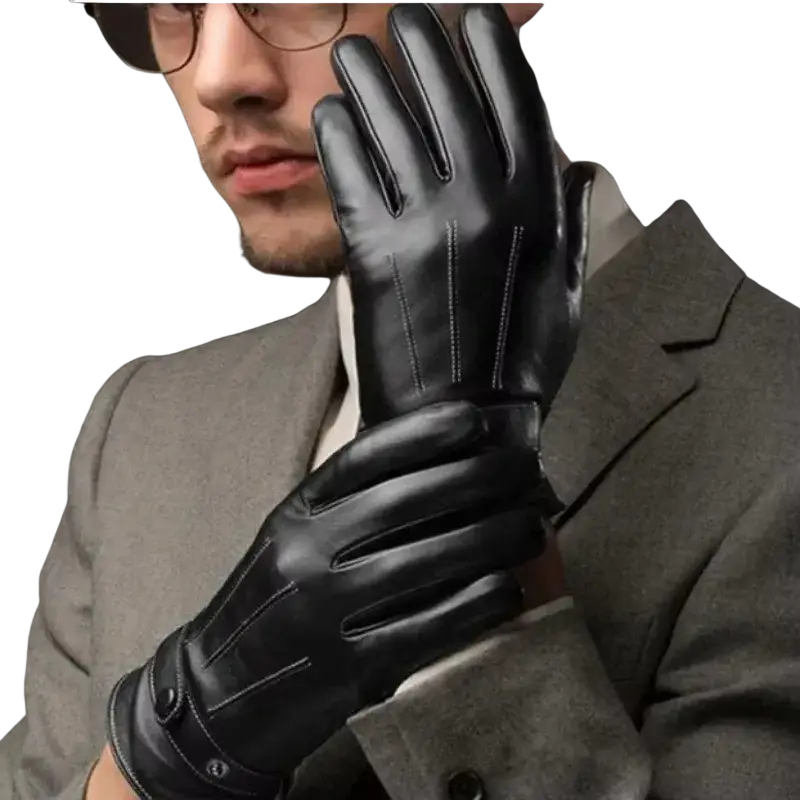 Men’s black leather winter driving gloves showing back side with subtle stitching and classic sleek design
