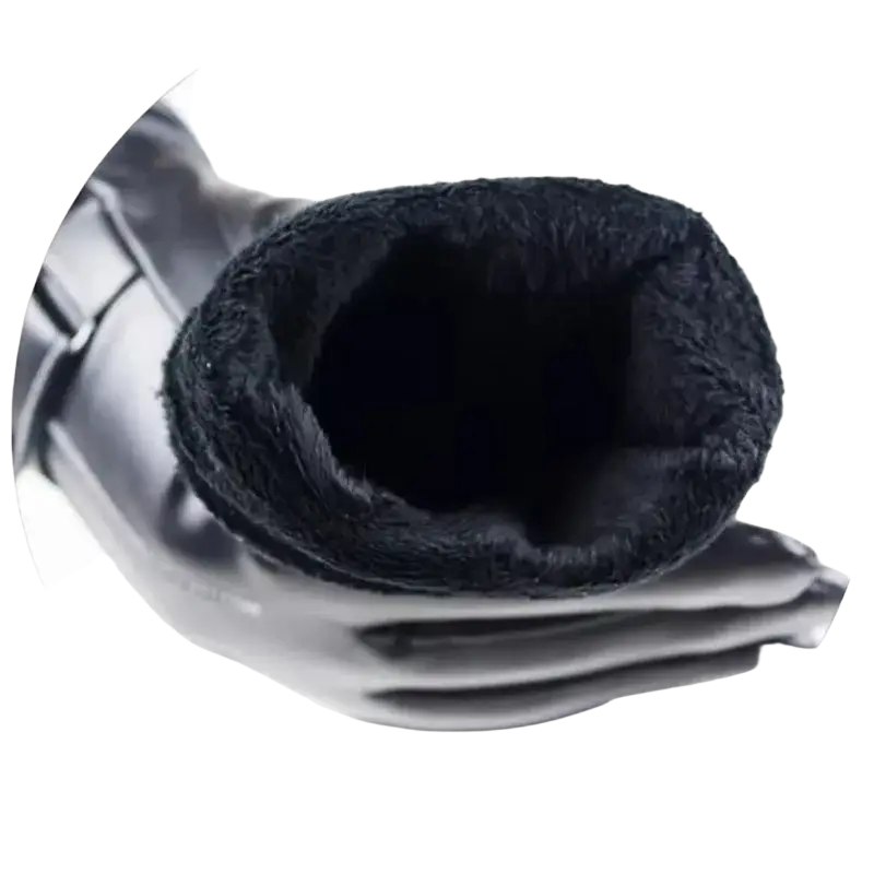 Men’s black leather winter driving glove with a sleek glossy exterior and black faux fur lining visible at the wrist