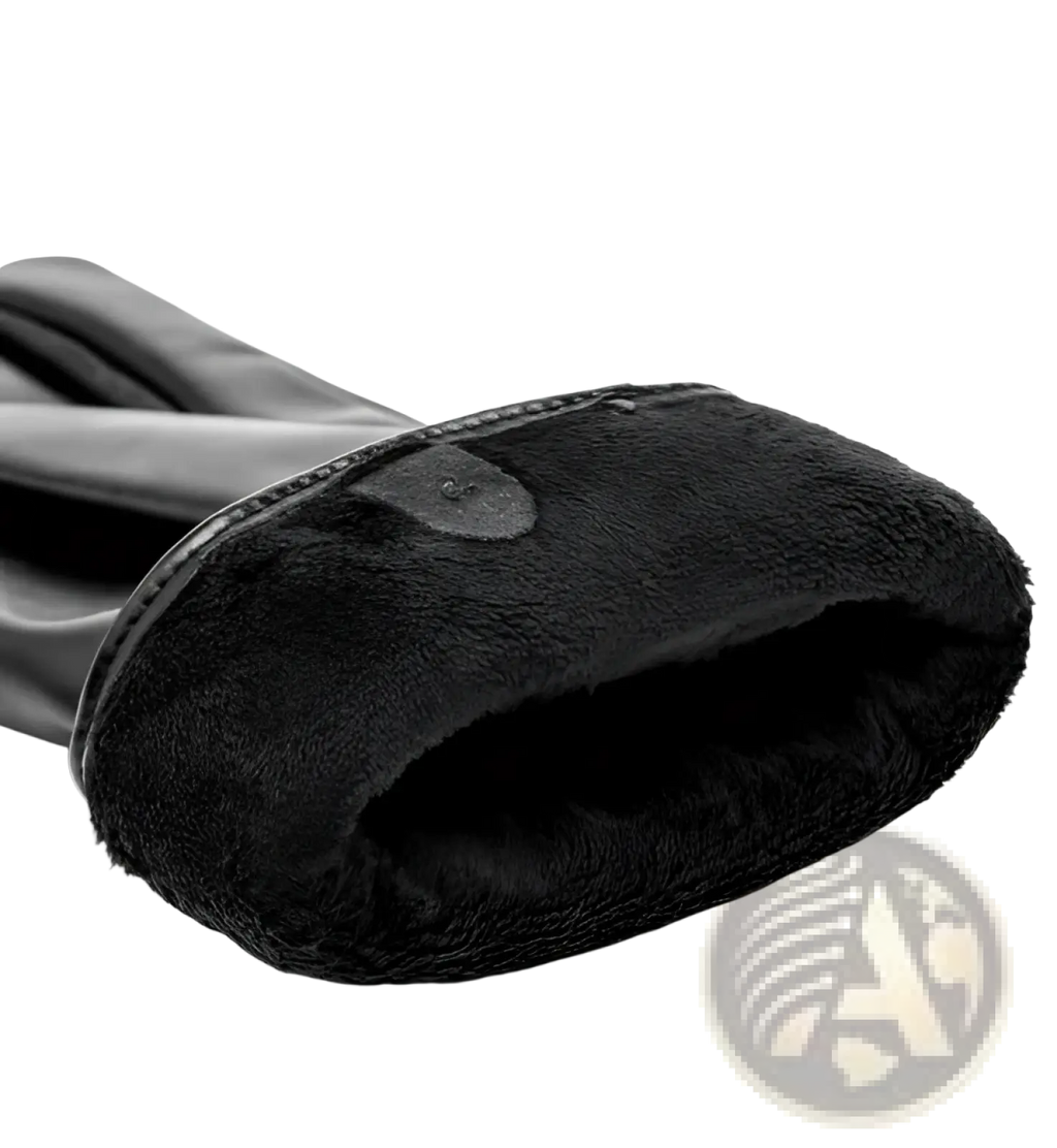 Mens black leather winter gloves with warm plush interior lining for enhanced comfort and cold weather use