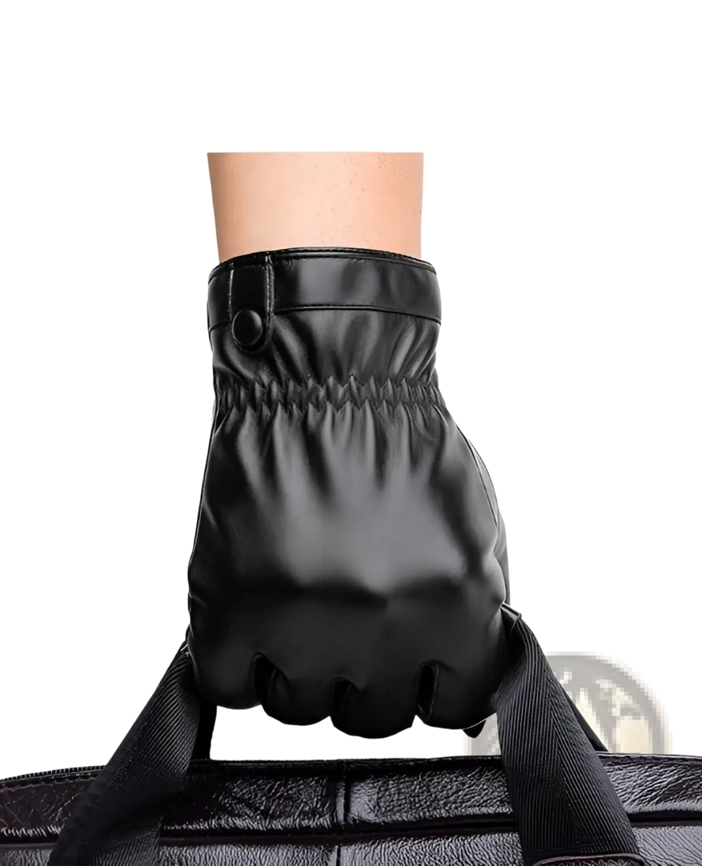 Mens black leather winter gloves with buttoned wrist closure and elasticated cuff shown from the back side