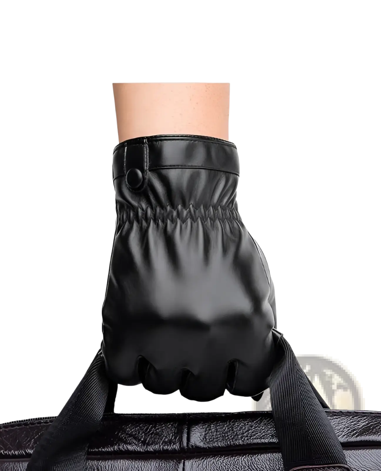 Mens black leather winter gloves with buttoned wrist closure and elasticated cuff shown from the back side