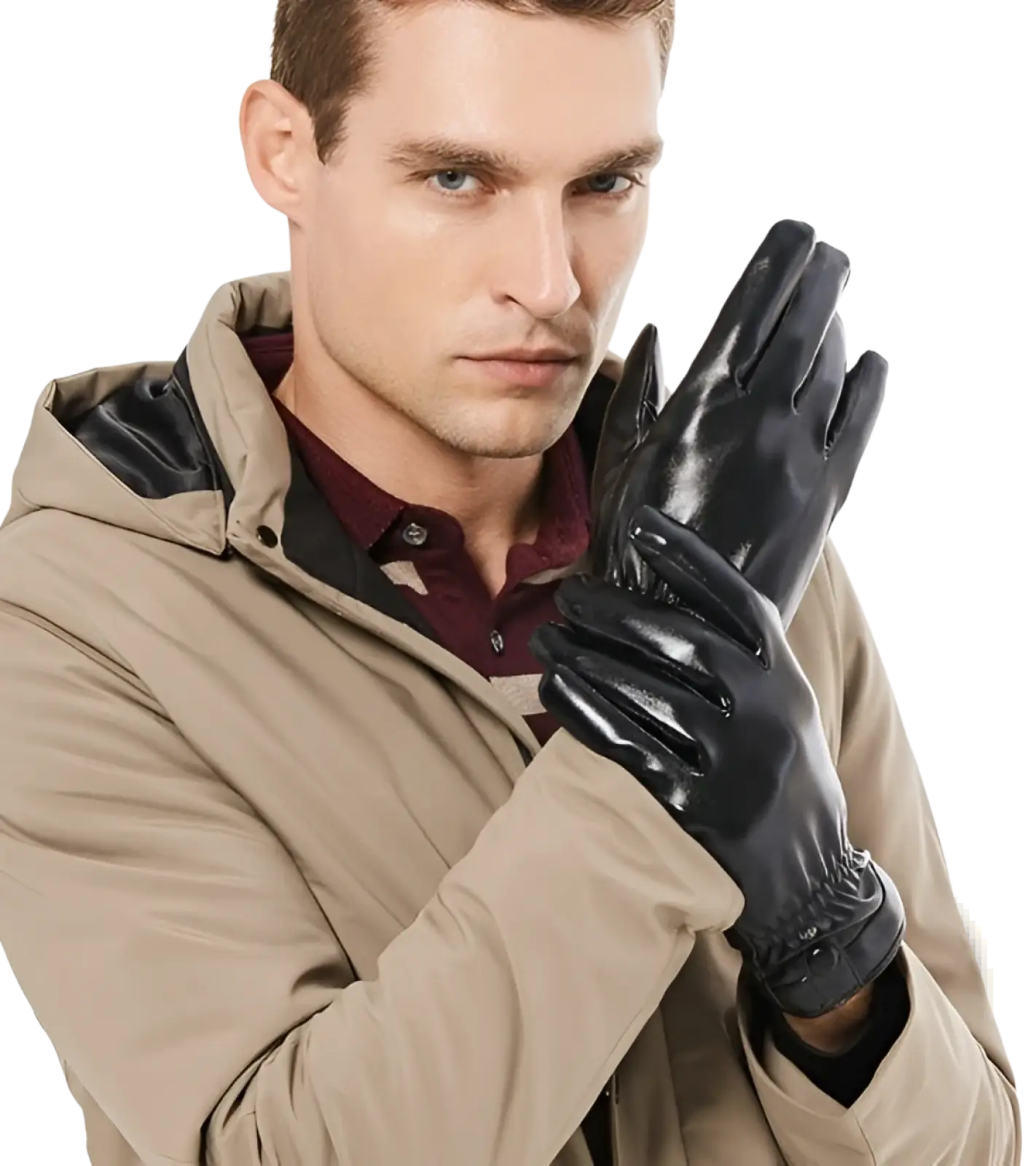 Mens black leather winter gloves with a glossy finish and reinforced fingertips shown from the back side